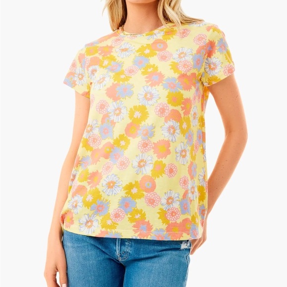 Marine Layer Yellow Floral Print SS Swing Crew Tee Shirt Size Medium *Tiny Flaw - Picture 2 of 8
